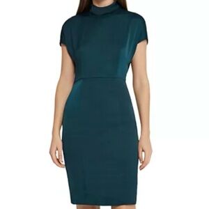 Reiss Green Satin Turtleneck Short Sleeve Midi Dress Size 0